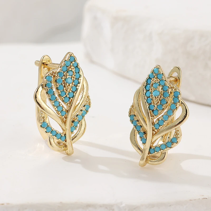 Turquoise Stone Ring - Creative Leaf Shaped Hoop Earrings Gold