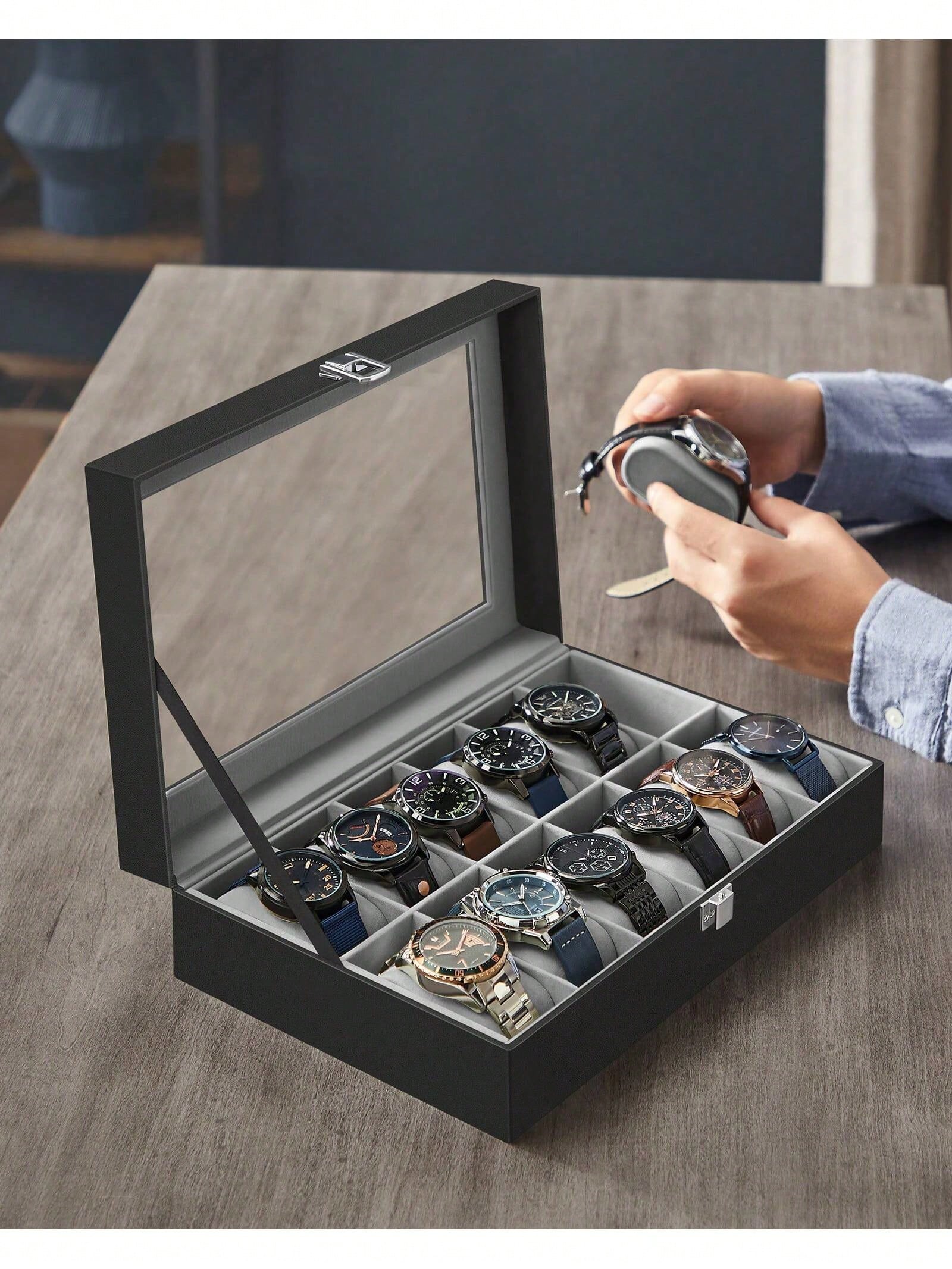 12-Slot Lockable Watch Box wit - Jewelry Watches & Accessories 评论和价格