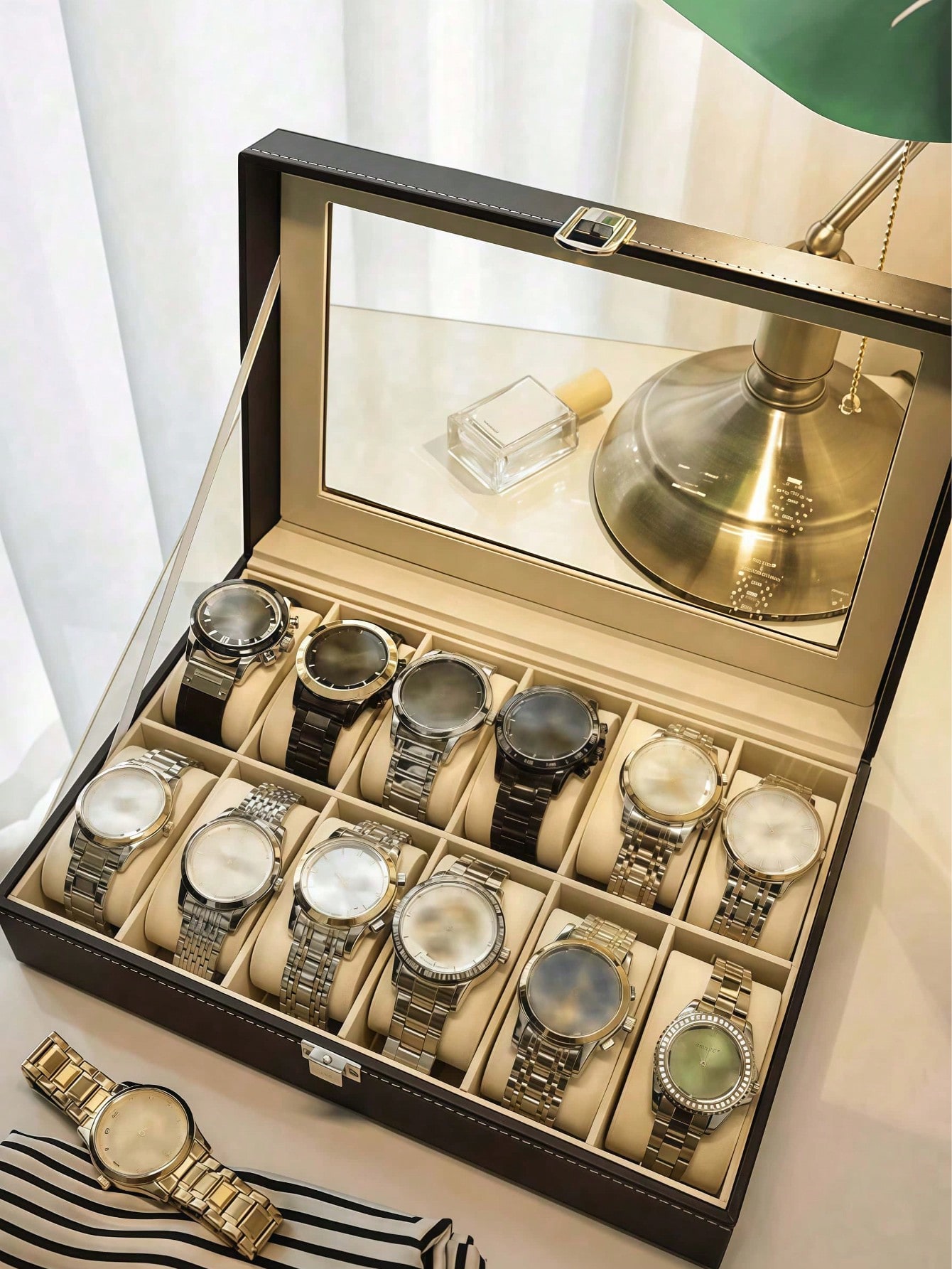Leather Watch Box with Lock, L - Jewelry Watches & Accessories 评论和价格