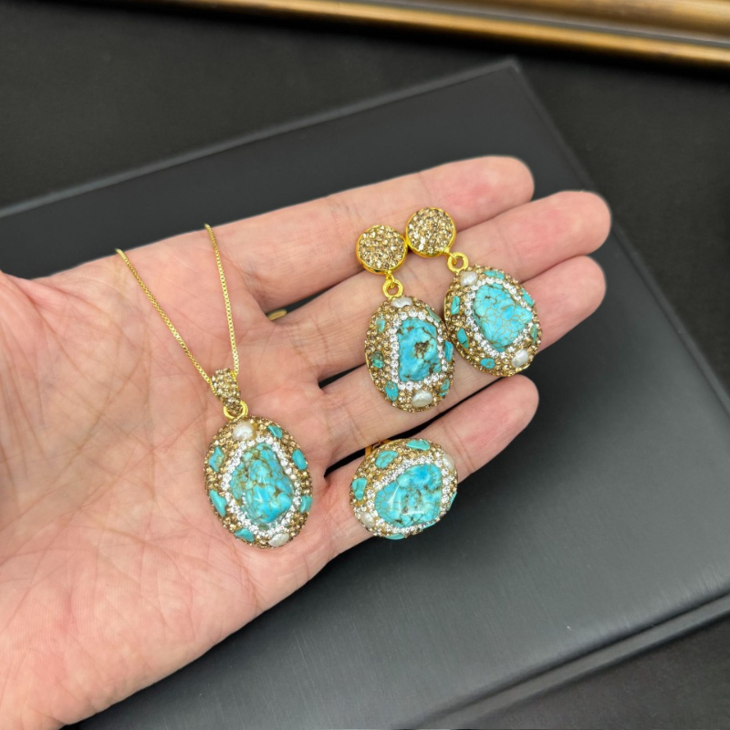Elegant Ladies Jewelry Set 3Pc - Turquoise Stone Ring 评论和价格
