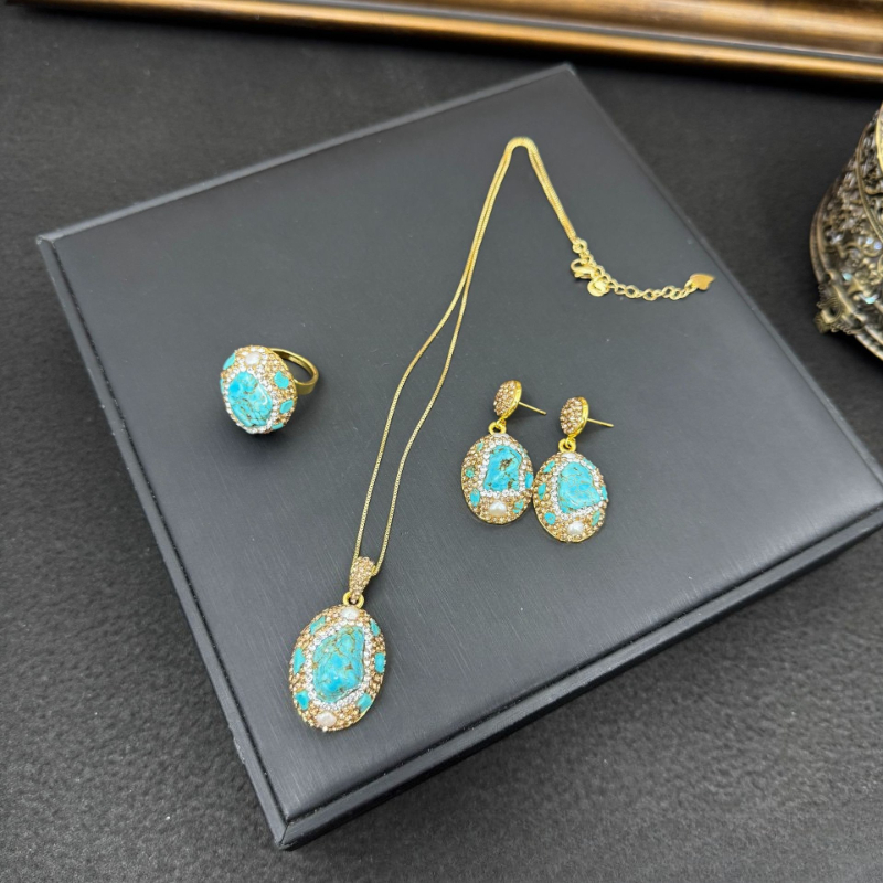 Elegant Ladies Jewelry Set 3Pc - Turquoise Stone Ring 评论和价格